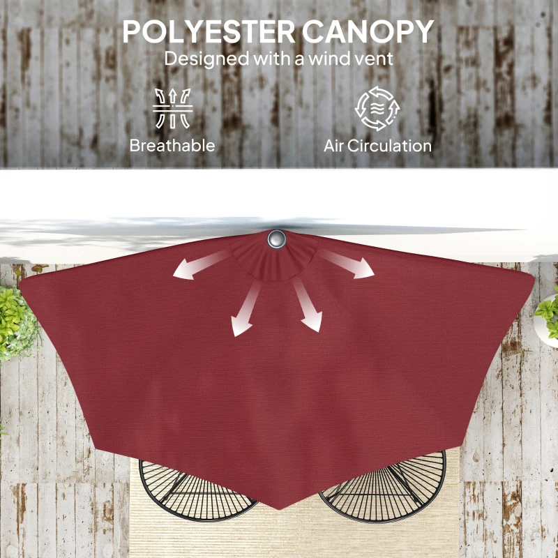 Outsunny 9ft Half Round Umbrella Outdoor Patio Garden Balcony Parasol Window Sun Shade w/ 5 Ribs Wine Red