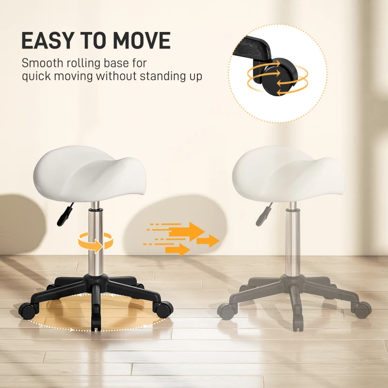 HOMCOM Saddle Stool, Adjustable Rolling Stool, White
