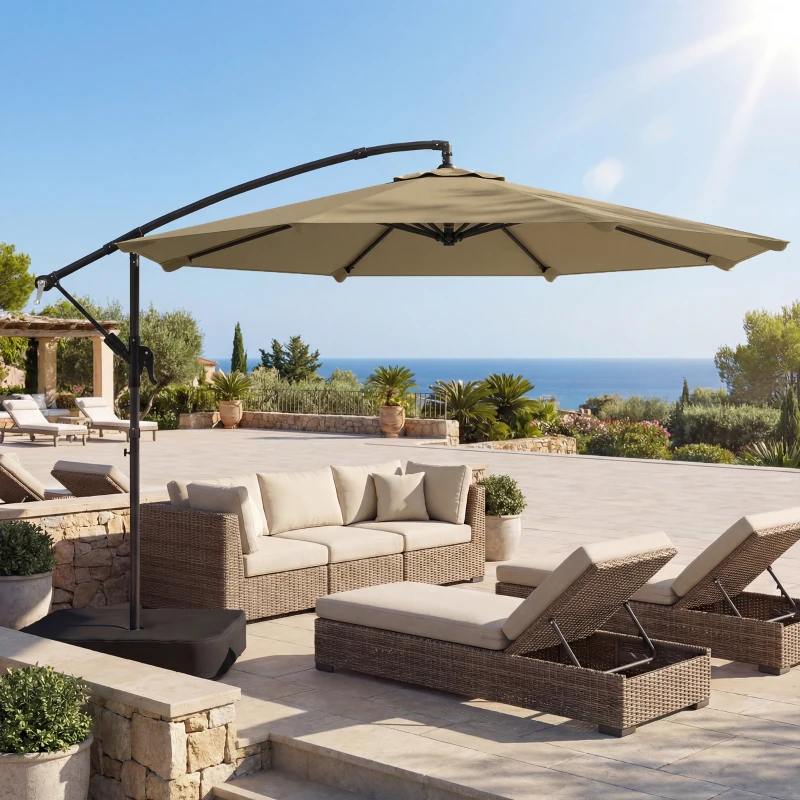 Outsunny 9.6 ft Offset Patio Umbrella with Sandbag, Garden Hanging Banana Cantilever Parasol with 360° Rotation, Khaki