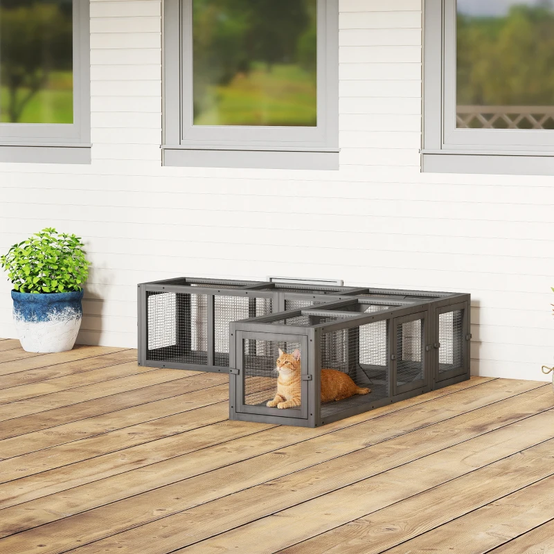 PawHut Wooden 98" Cat Tunnel for Outdoor with Combinable Design, 8 Doors, Dark Gray