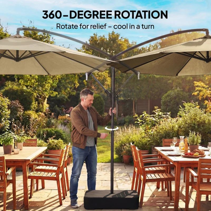 Outsunny 9.6 ft Offset Patio Umbrella with Sandbag, Garden Hanging Banana Cantilever Parasol with 360° Rotation, Khaki