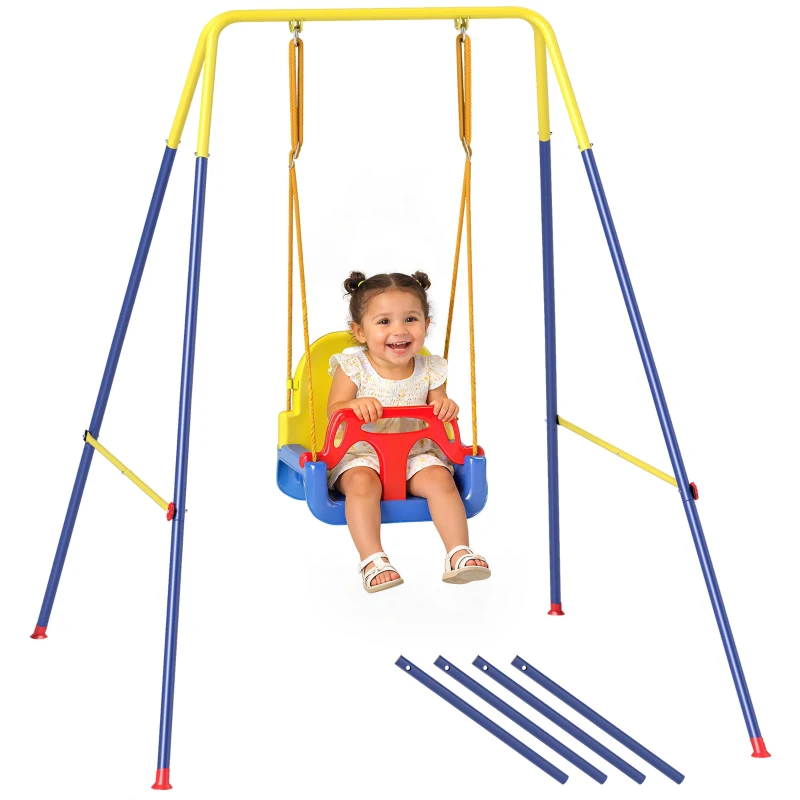 Qaba 3 in 1 Toddler Swing Set, Folding Child Swing Set with Seat Belt, Adjustable Seat for Outdoor Indoor, Blue