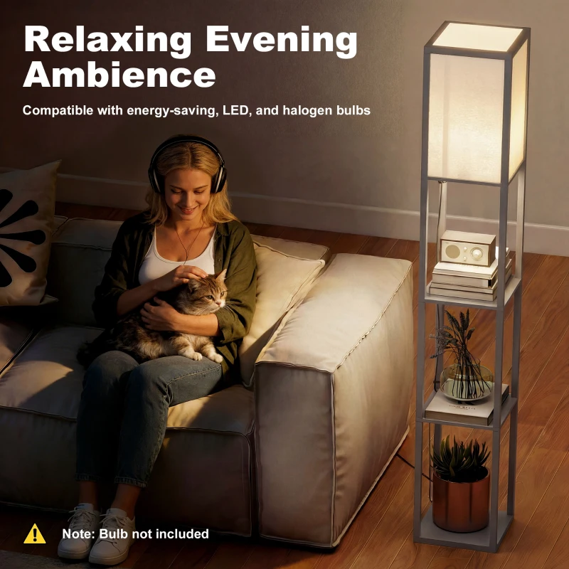 HOMCOM 3-Tier Floor Lamp, Standing Reading Light with Storage Shelves for Living Room, Bedroom, or Dining Room, Grey