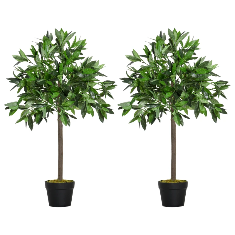 Outsunny 3FT Artificial Laurel Tree Set of 2, Lifelike Fake Plant with 564 Leaves, Potted Fake Plant for Home Office Decor, Green