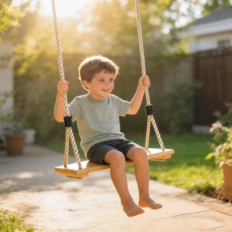 Qaba Wooden Swing Seat for Backyard Adjustable Rope Outdoor Playground Playset for Kids with Tree Straps Carabiners