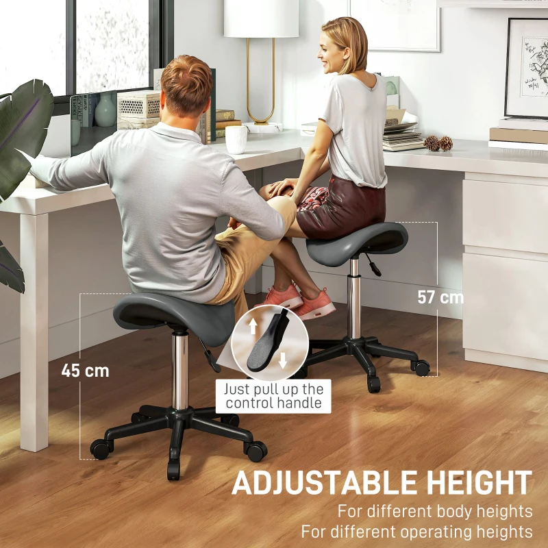 HOMCOM Saddle Stool, Adjustable Rolling Stool, Grey