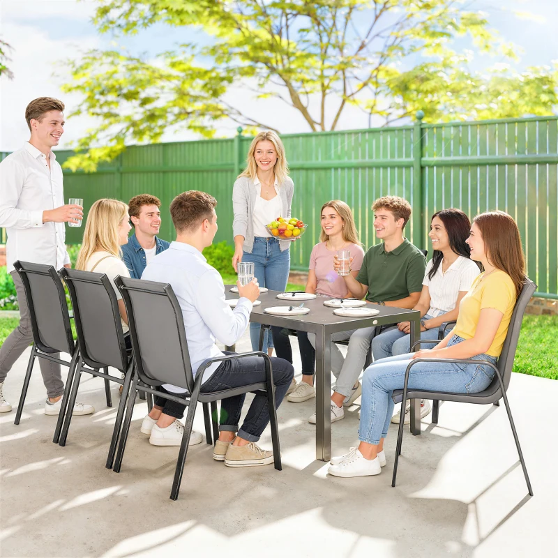 Outsunny 9 Pieces Patio Set with Stackable Chairs, Patio Dining Set with Glass Top for Garden, Patio, Backyard, Grey