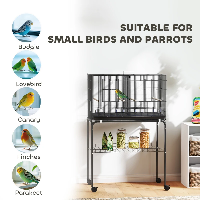 PawHut 46" H Bird Cage, Large Parakeet Cage for Budgie, Lovebird, Canary, Finches with Divider, Black