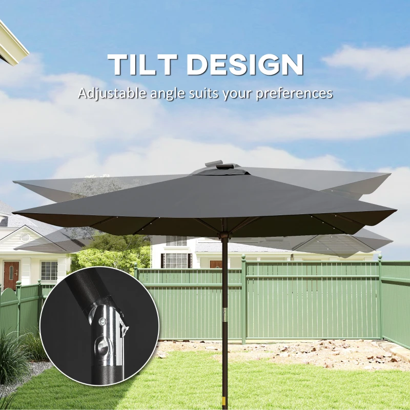 Outsunny 6.5x10ft Patio Umbrella, Rectangle Tilt Outdoor Market Parasol with LEDs, Black