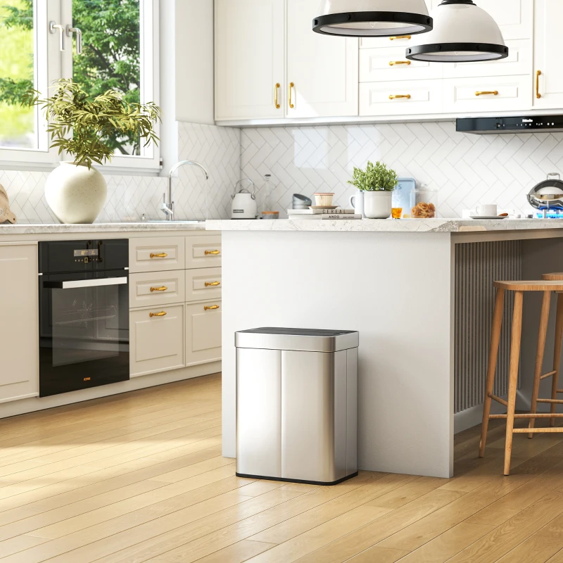 HOMCOM 13.2 Gallon Sensor Can, Automatic Garbage Can with Soft-Close Butterfly Lid, Fingerprint-Proof Stainless Steel, Silver