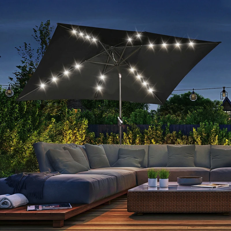 Outsunny 6.5x10ft Patio Umbrella, Rectangle Tilt Outdoor Market Parasol with LEDs, Black