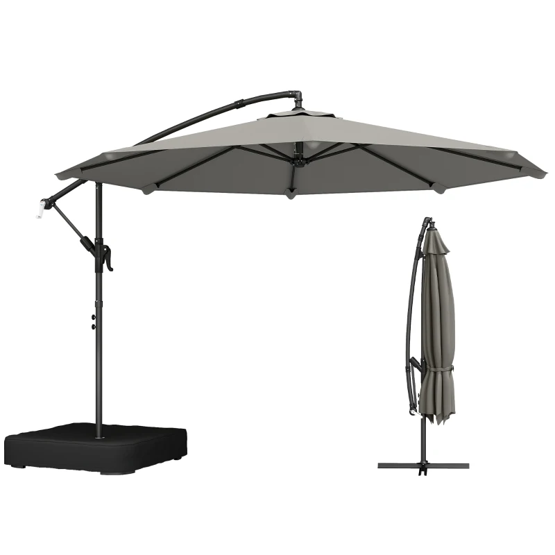 Outsunny 9.6 ft Offset Patio Umbrella with Sandbag, Garden Hanging Banana Cantilever Parasol with 360° Rotation, Grey