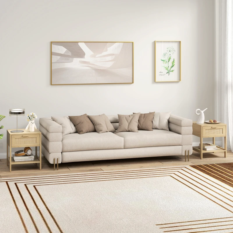 HOMCOM Narrow Nightstand with Rattan Elements, Bedside Table with Drawer and Storage Shelf for Bedroom, Set of 2, Natural Wood