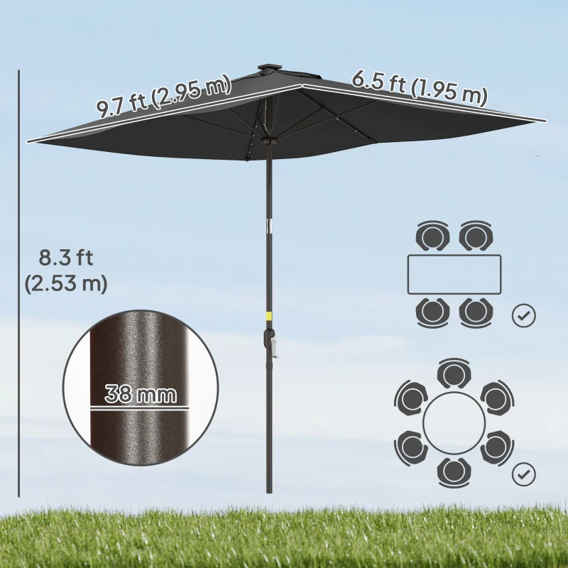 Outsunny 6.5x10ft Patio Umbrella, Rectangle Tilt Outdoor Market Parasol with LEDs, Black
