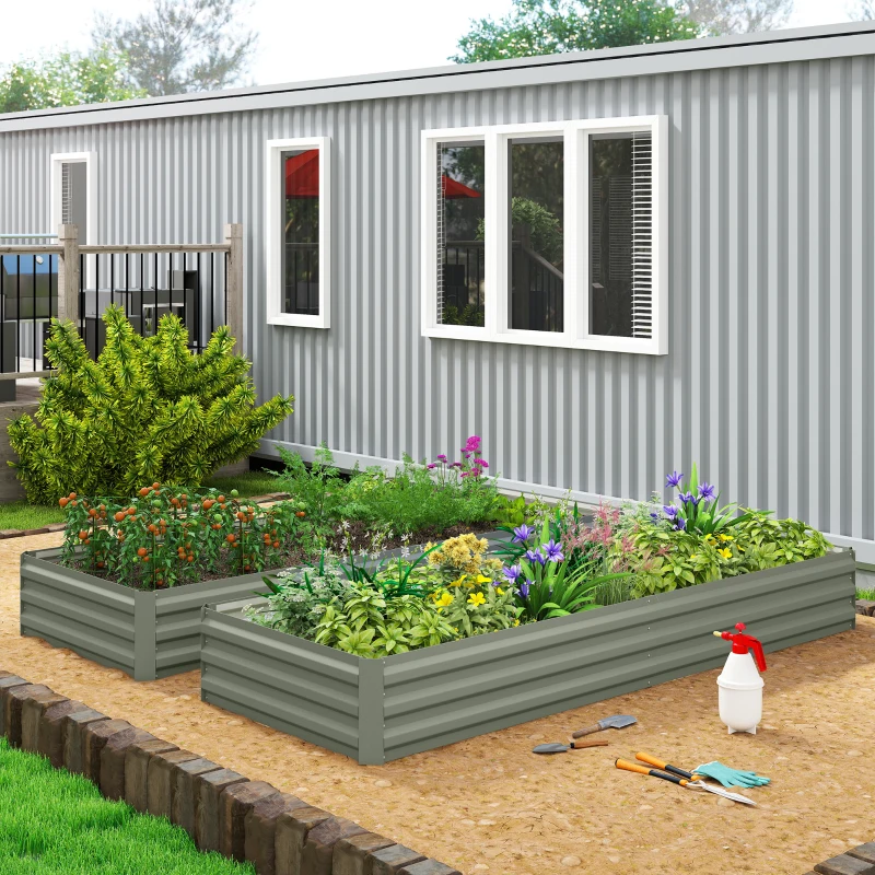 Outsunny 8 x 3 x 1ft Galvanized Raised Garden Bed, Metal Elevated Planter Box for Growing Flowers, Herbs, Succulents, Light Grey