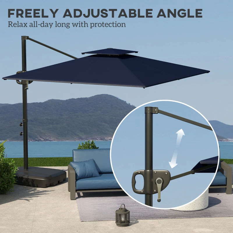 Outsunny Square Cantilever Patio Umbrella, Double Top Patio Hanging Offset Umbrella with Crank & Tilt, 8' x 9', Dark Blue