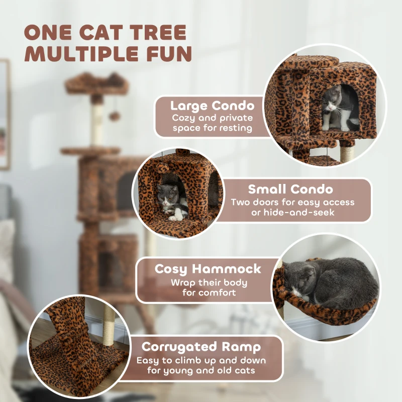 PawHut 63 Inch Cat Tree with Sisal Scratching Posts, Condos, Plush Perches, Hammock, Ladder, Dangling Balls, Leopard Print