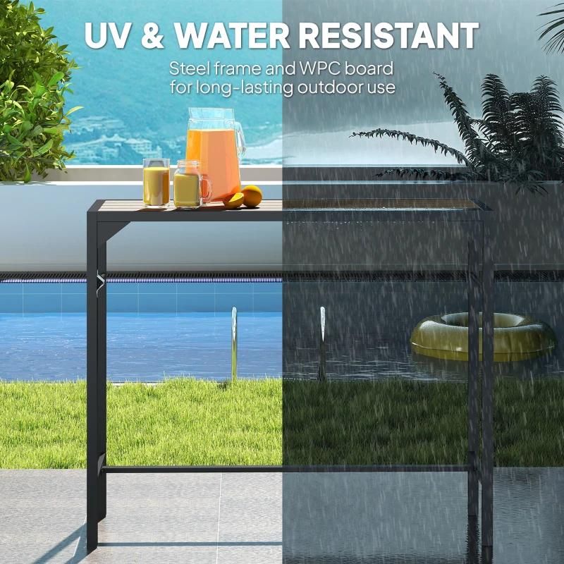 Outsunny Bar Height Outdoor Table with Built-In Bottle Opener, Patio Bar Table with Wood Grain Plastic Top, 47.2" x 15" x 39"