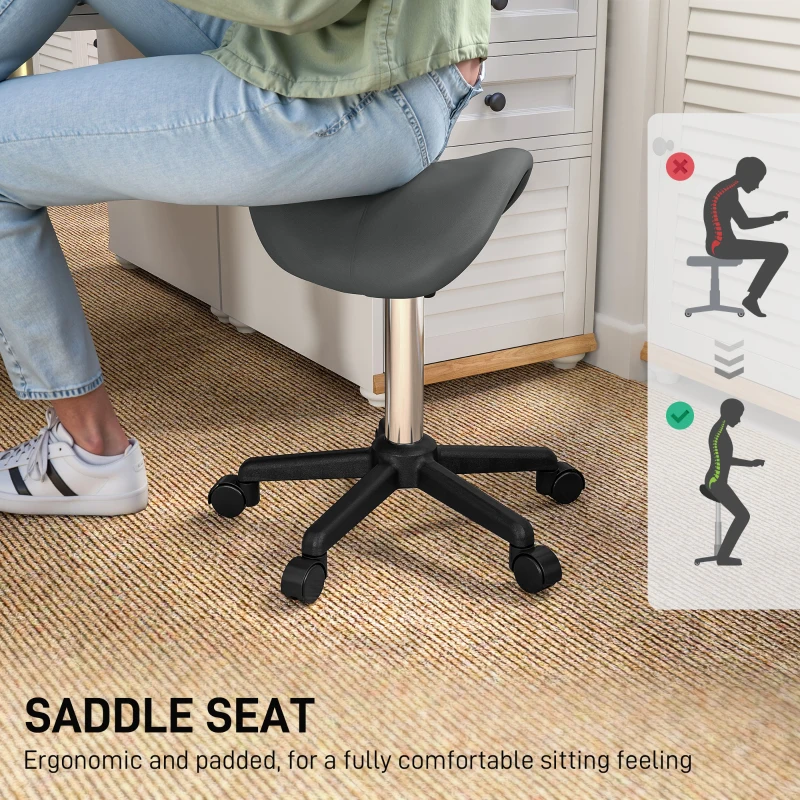 HOMCOM Saddle Stool, Adjustable Rolling Stool, Grey