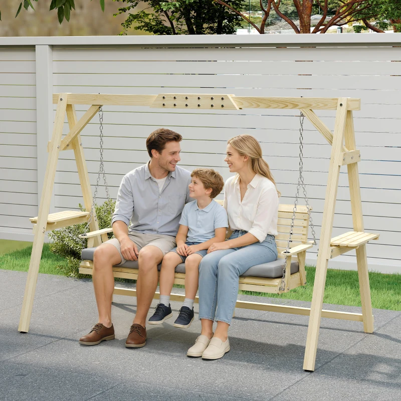 Outsunny 3 Seat Wooden Porch Swing with Stand, Patio Swing with Cushion, for Garden, Poolside, Backyard, Natural Wood