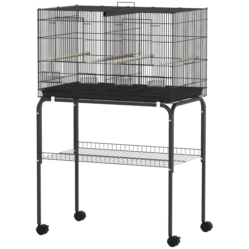 PawHut 46" H Bird Cage, Large Parakeet Cage for Budgie, Lovebird, Canary, Finches with Divider, Black
