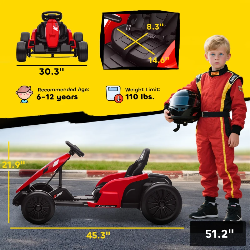 Qaba 24V Electric Go Kart with Dual 150W Motors, Adjustable Seat & 11.2MPH High Speed, Slow Start, 5-Point Harness, Red