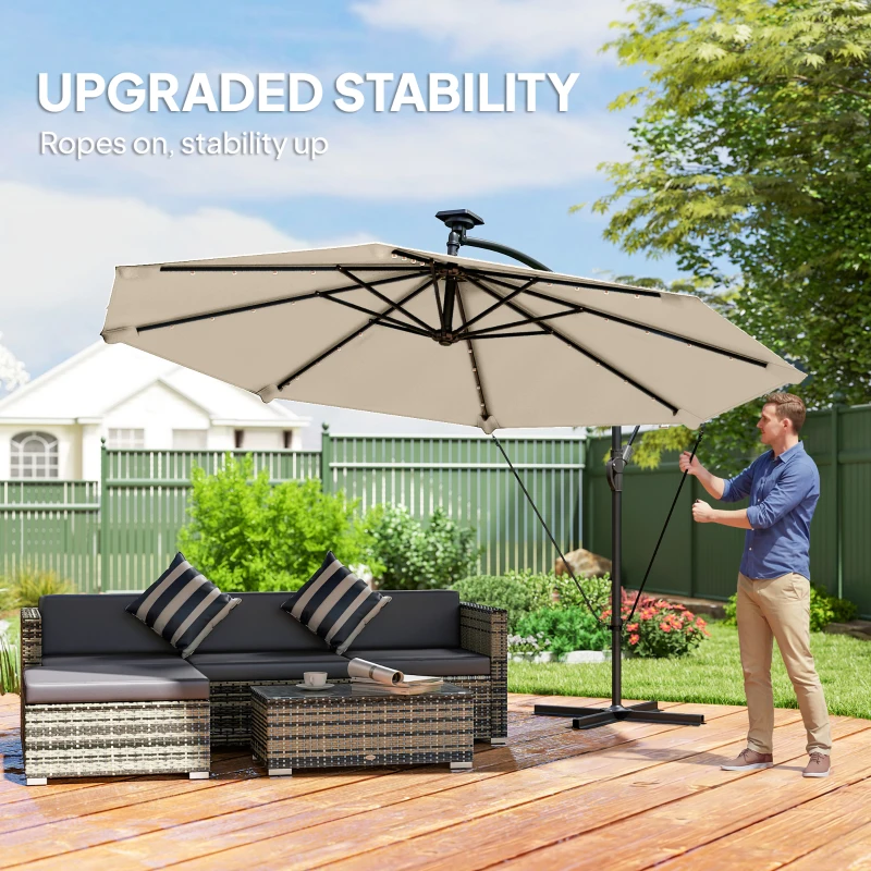 Outsunny 11.3 ft Cantilever Patio Umbrella with Light, Cover, Aluminium UPF50+ Offset Outdoor Umbrella Parasol, Khaki