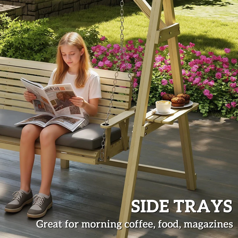 Outsunny 3 Seat Wooden Porch Swing with Stand, Patio Swing with Cushion, for Garden, Poolside, Backyard, Natural Wood