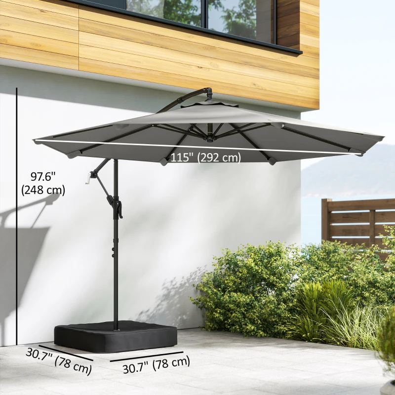 Outsunny 9.6 ft Offset Patio Umbrella with Sandbag, Garden Hanging Banana Cantilever Parasol with 360° Rotation, Grey