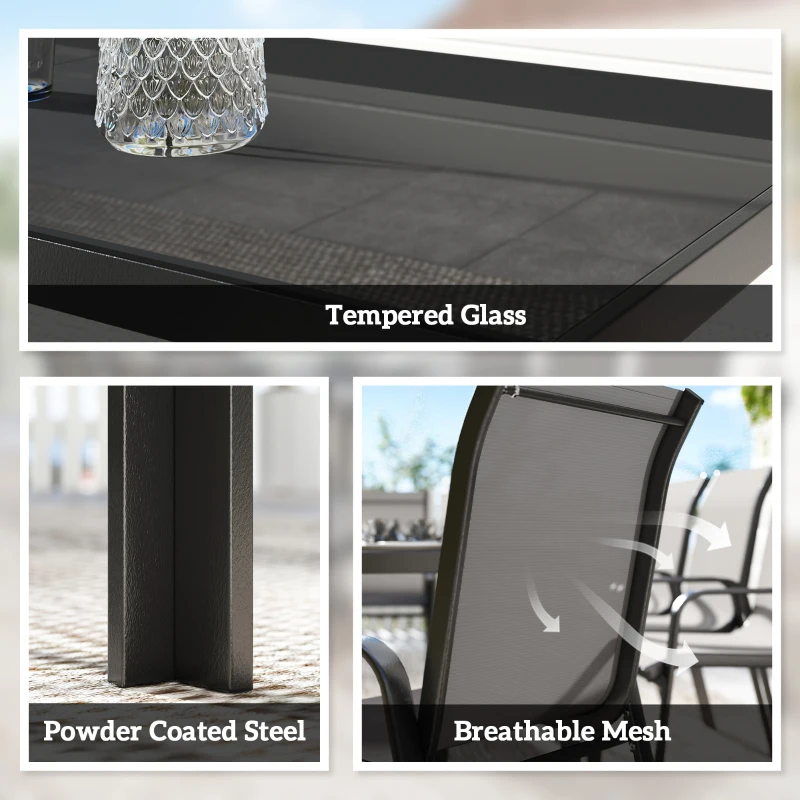 Outsunny 9 Pieces Patio Set with Stackable Chairs, Patio Dining Set with Glass Top for Garden, Patio, Backyard, Grey