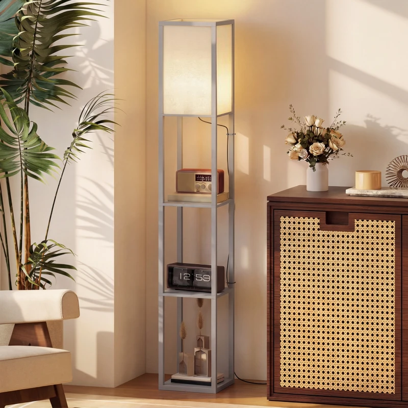 HOMCOM 3-Tier Floor Lamp, Standing Reading Light with Storage Shelves for Living Room, Bedroom, or Dining Room, Grey