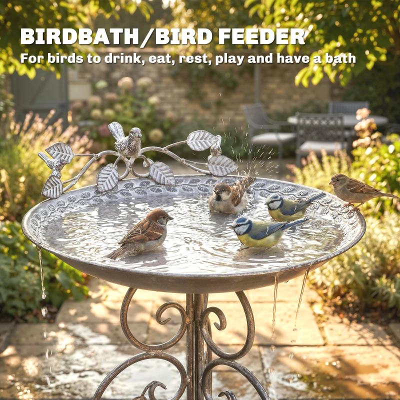Outsunny 30" Tall Bird Bath with Bird Statues and Decorative Stand, Freestanding Vintage Garden BirdBath Bowl Pedestal, Brown