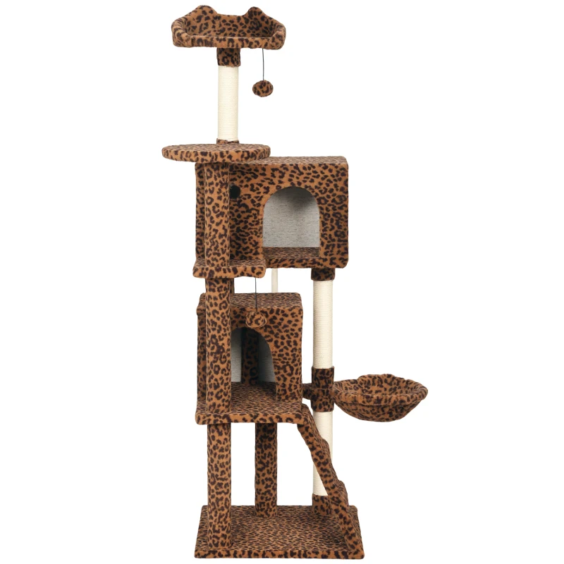 PawHut 63 Inch Cat Tree with Sisal Scratching Posts, Condos, Plush Perches, Hammock, Ladder, Dangling Balls, Leopard Print