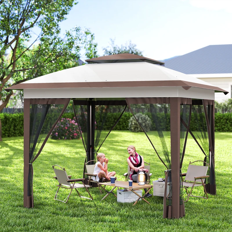 Outsunny 12' x 12' Pop Up Canopy Sun Shade Instant Tent Folding with Mesh Sidewalls, Beige and Dark Brown