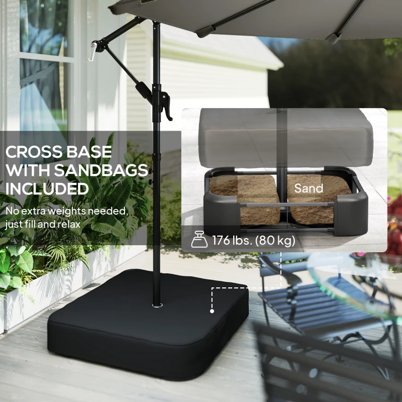 Outsunny 9.6 ft Offset Patio Umbrella with Sandbag, Garden Hanging Banana Cantilever Parasol with 360° Rotation, Grey