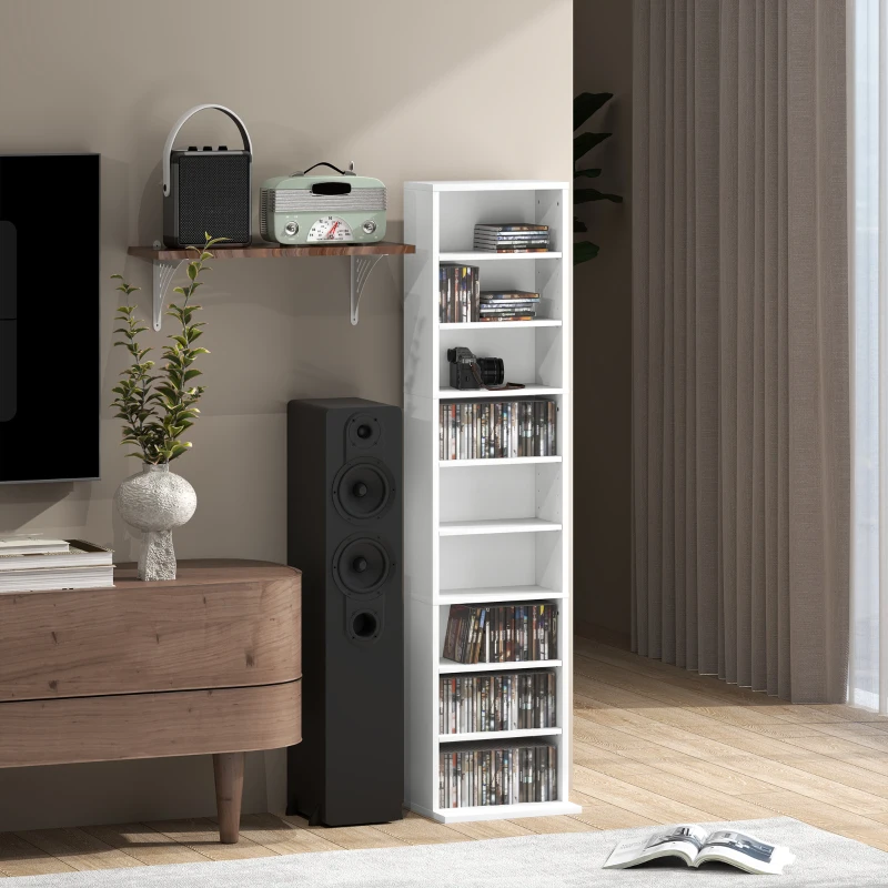 HOMCOM Media Storage Cabinet, 9-Tier Tall Narrow DVD Shelf with 6 Adjustable Shelves, White