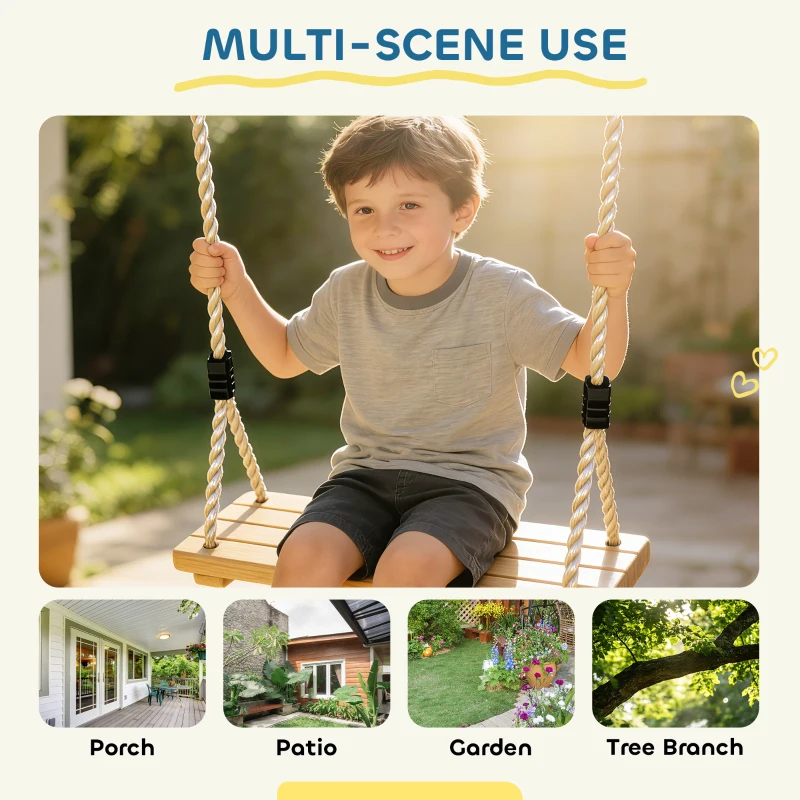Qaba Wooden Swing Seat for Backyard Adjustable Rope Outdoor Playground Playset for Kids with Tree Straps Carabiners