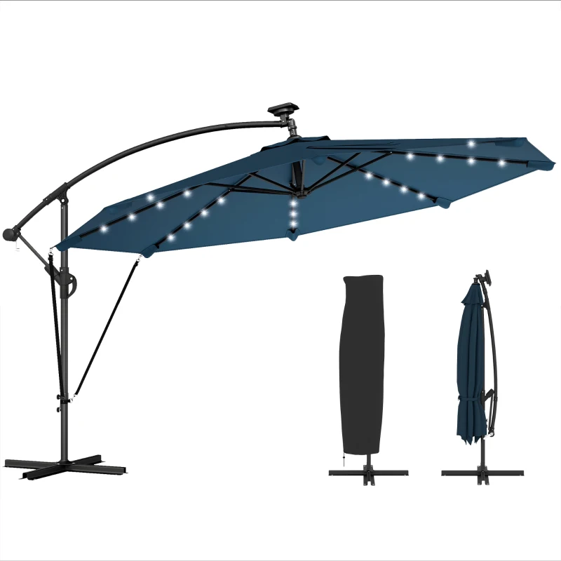 Outsunny 11.3 ft Cantilever Patio Umbrella with Light, Cover, Aluminium UPF50+ Offset Outdoor Umbrella Parasol, Navy Blue