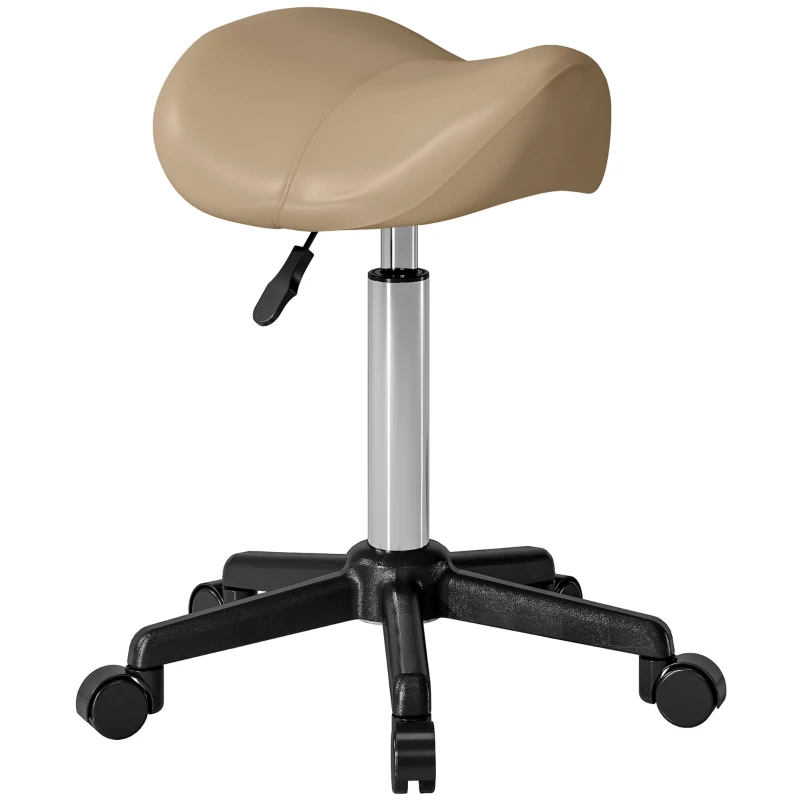 HOMCOM Rolling Salon Stool, PU Leather Swivel Saddle Chair, Adjustable Height Stool with Wheels for Spa, Salon, Office, Brown