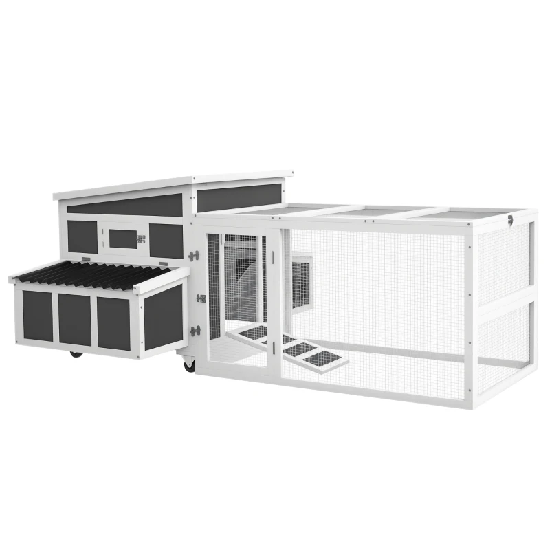 PawHut Wooden Chicken Coop, Rabbit Hutch with Large Run, Outdoor Poultry Cage with Nesting Box, Tray, Windows, Dark Grey