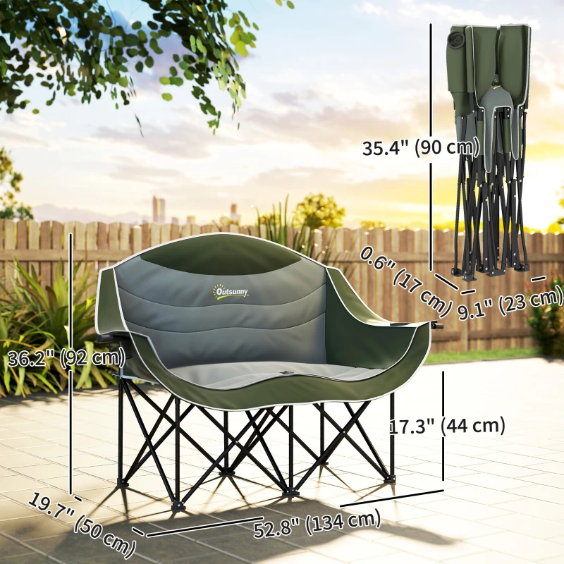 Outsunny Portable Camp Chair, Double Camping Chair with Cup Holders and Carry Bag, Support 551 lbs, Dark Green