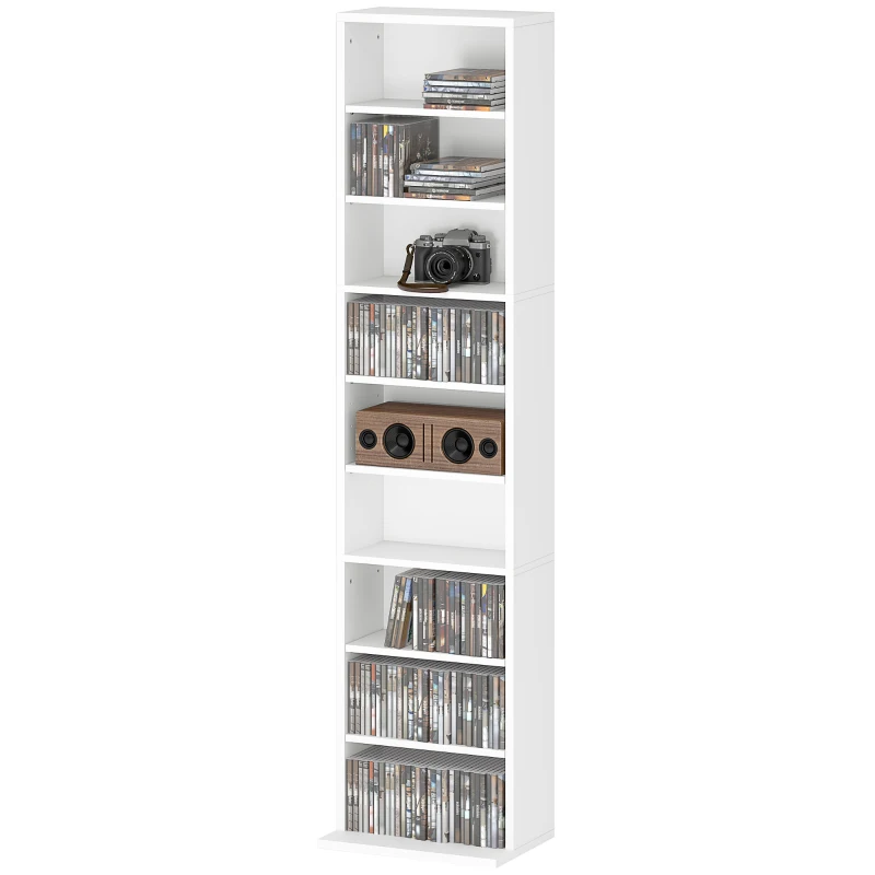 HOMCOM Media Storage Cabinet, 9-Tier Tall Narrow DVD Shelf with 6 Adjustable Shelves, White