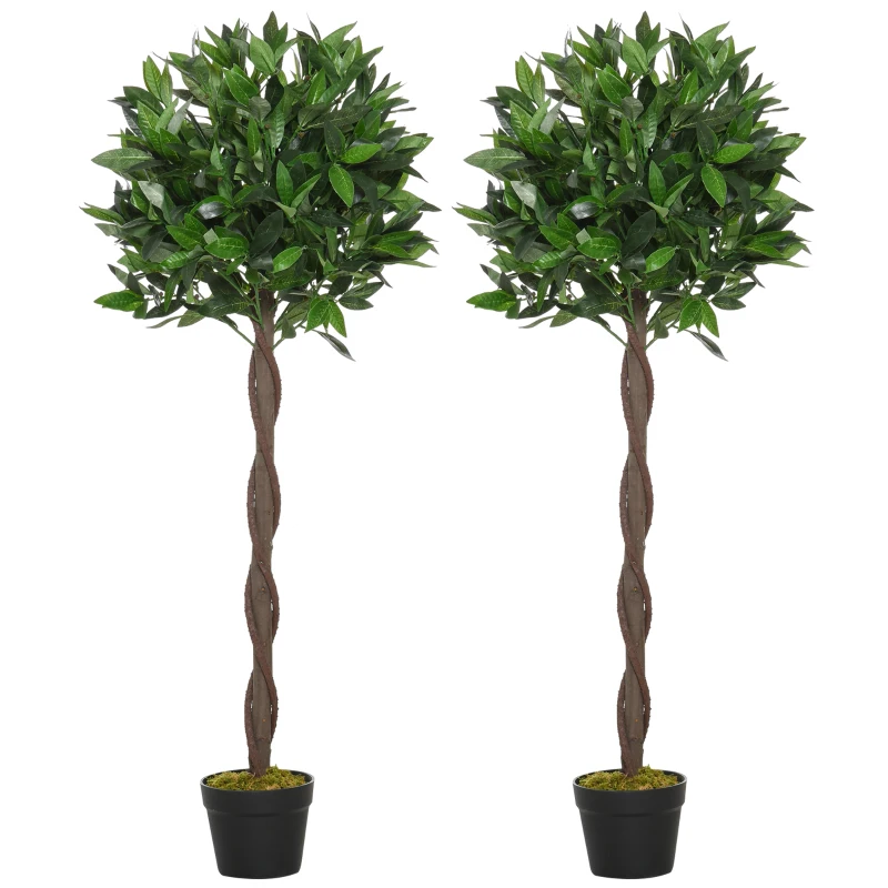 Outsunny 4FT Artificial Laurel Tree Set of 2, Lifelike Fake Plant with 564 Leaves, Potted Fake Plant for Home Office Decor, Green