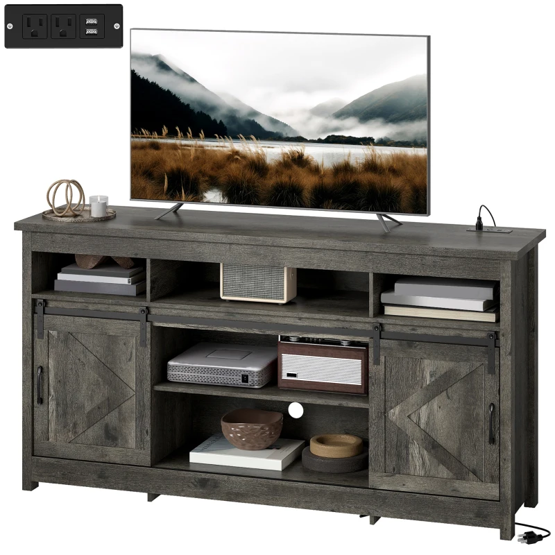 HOMCOM TV Stand with Power Outlets, Sliding Barn Doors and Adjustable Shelves for 72 Inch TVs, Dark Grey(m-2)