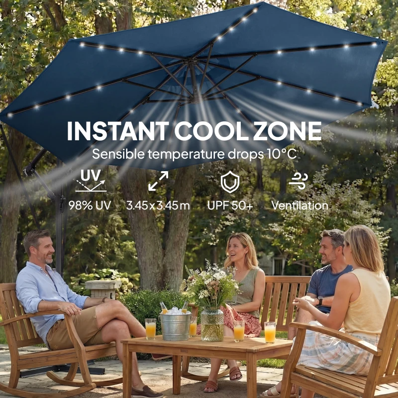 Outsunny 11.3 ft Cantilever Patio Umbrella with Light, Cover, Aluminium UPF50+ Offset Outdoor Umbrella Parasol, Navy Blue