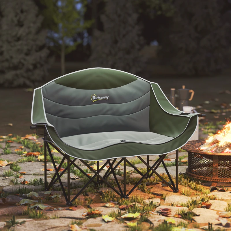 Outsunny Portable Camp Chair, Double Camping Chair with Cup Holders and Carry Bag, Support 551 lbs, Dark Green