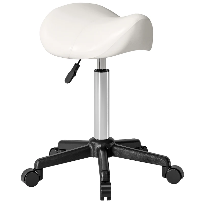 HOMCOM Saddle Stool, Adjustable Rolling Stool, White