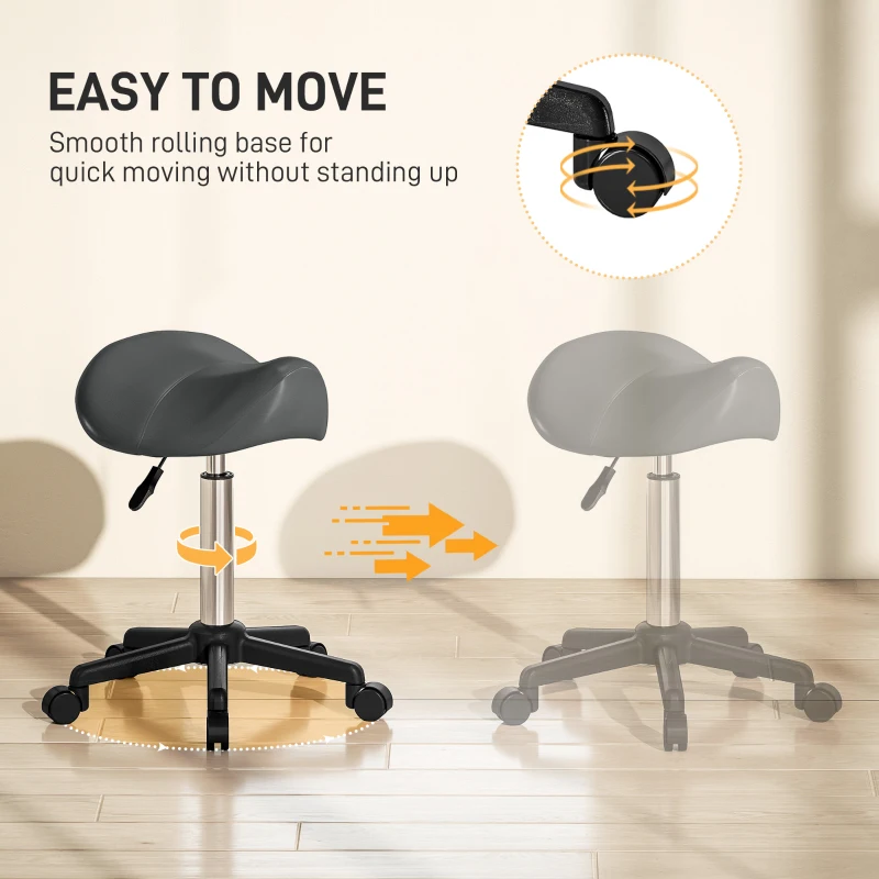 HOMCOM Saddle Stool, Adjustable Rolling Stool, Grey