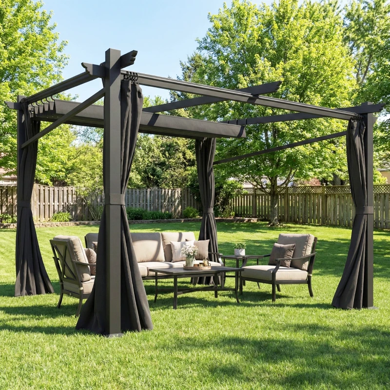 Outsunny Metal Pergola with Sliding Roof Canopy, Retractable Pergola Canopy, 10' x 10', Black
