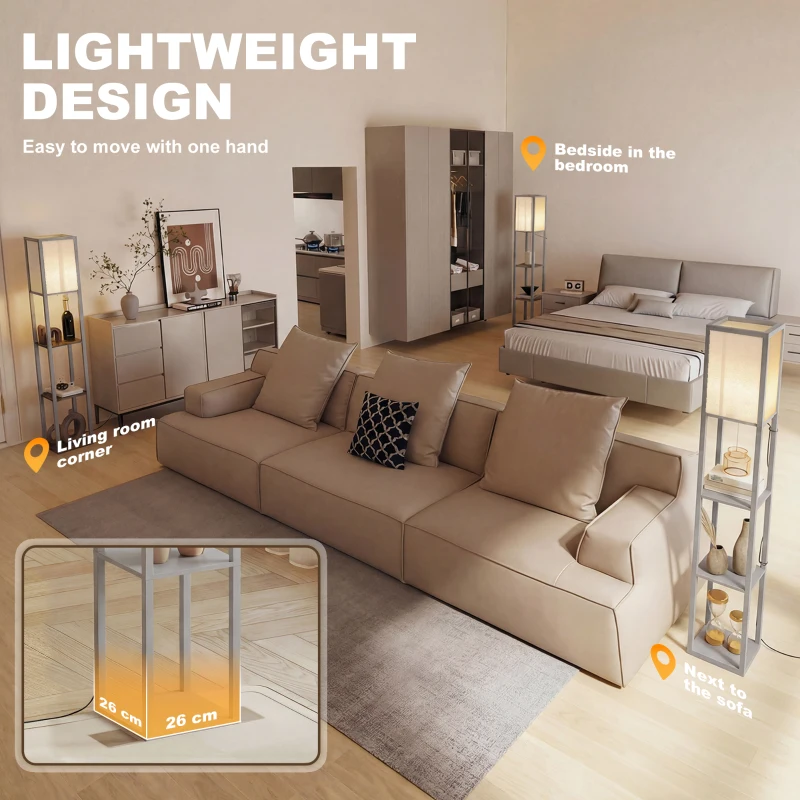 HOMCOM 3-Tier Floor Lamp, Standing Reading Light with Storage Shelves for Living Room, Bedroom, or Dining Room, Grey